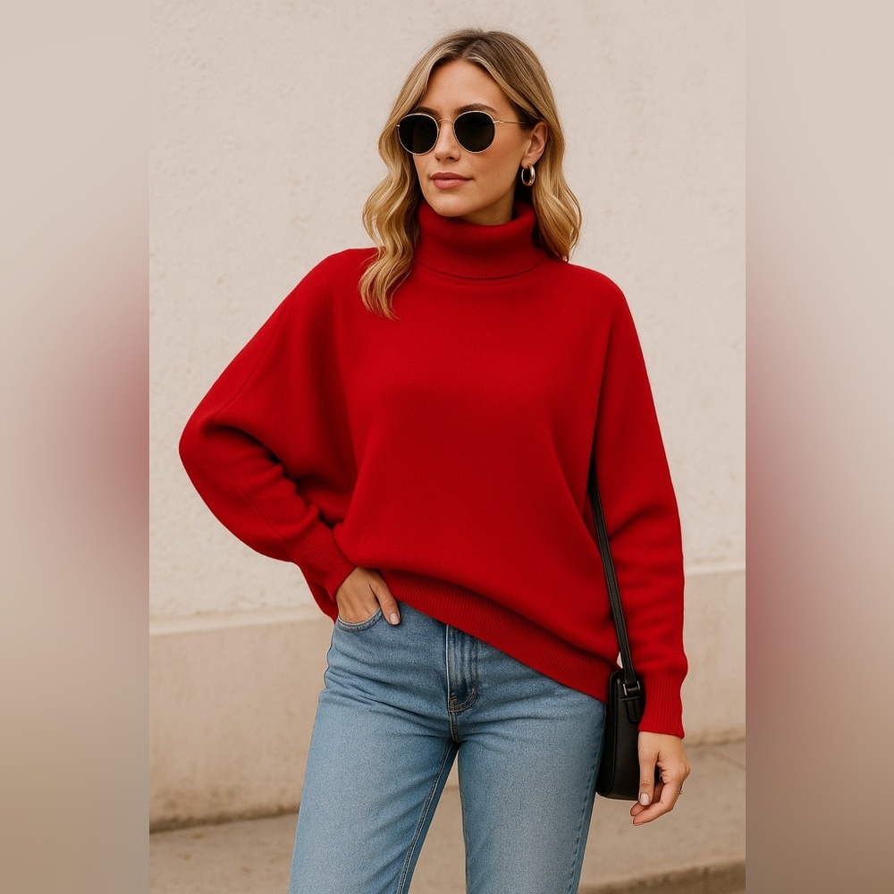 🍁🎅🏽♥️ Anrabess Red Batwing Asymmetrical Ribbed Sweater
